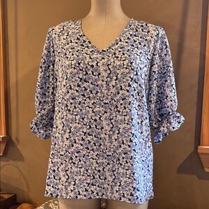 Well Worn Blue and White Cuffed Sleeve Blouse